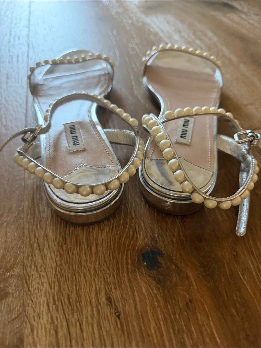 Miu Miu Silver Pearl-Trim Ankle-Strap Sandals - Picture 3 of 5